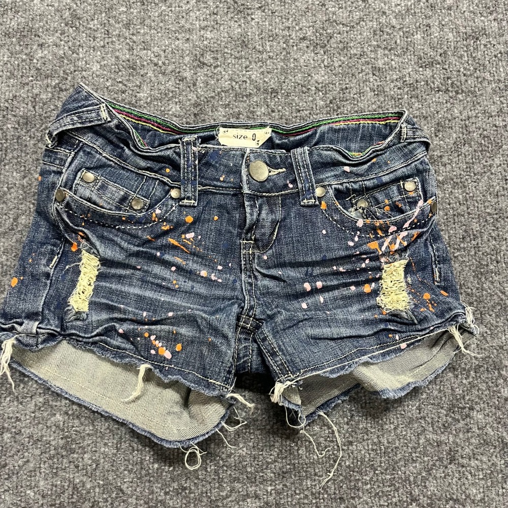 dELiA*s Denim Shorts Womens Size 0 Blue Paint Splatter Distressed Y2K Cut Offs